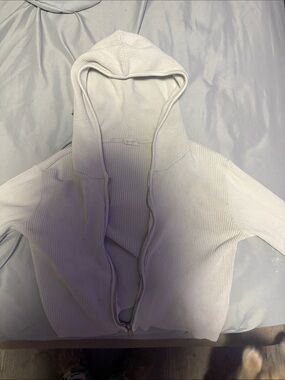 Light Cream Hooded cropped Ribbed Zip Sweater Jacket
